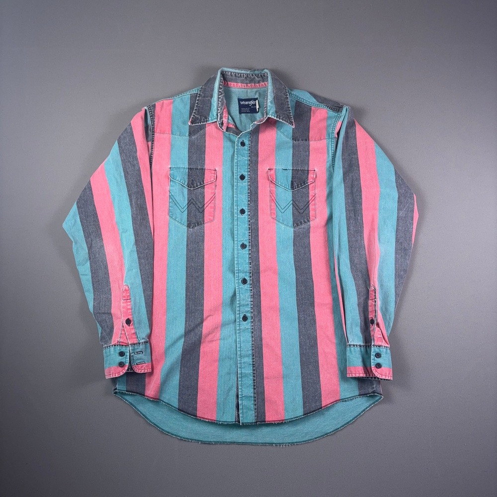 Vintage 90s Wrangler Brushpopper Western Shirt Pink Teal Striped Cotton XL Tail